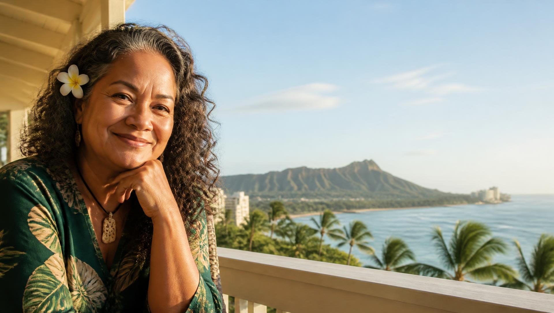 A warm Hawaii kupuna smiling on a lanai overlooking Diamond Head and the ocean